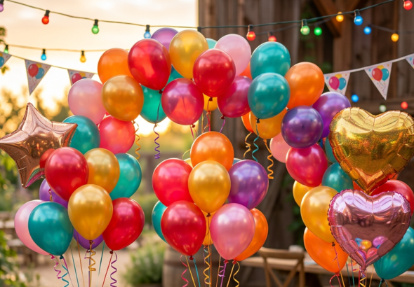 Colorful balloons, party hats, confetti, gift box, and glasses on a wooden table