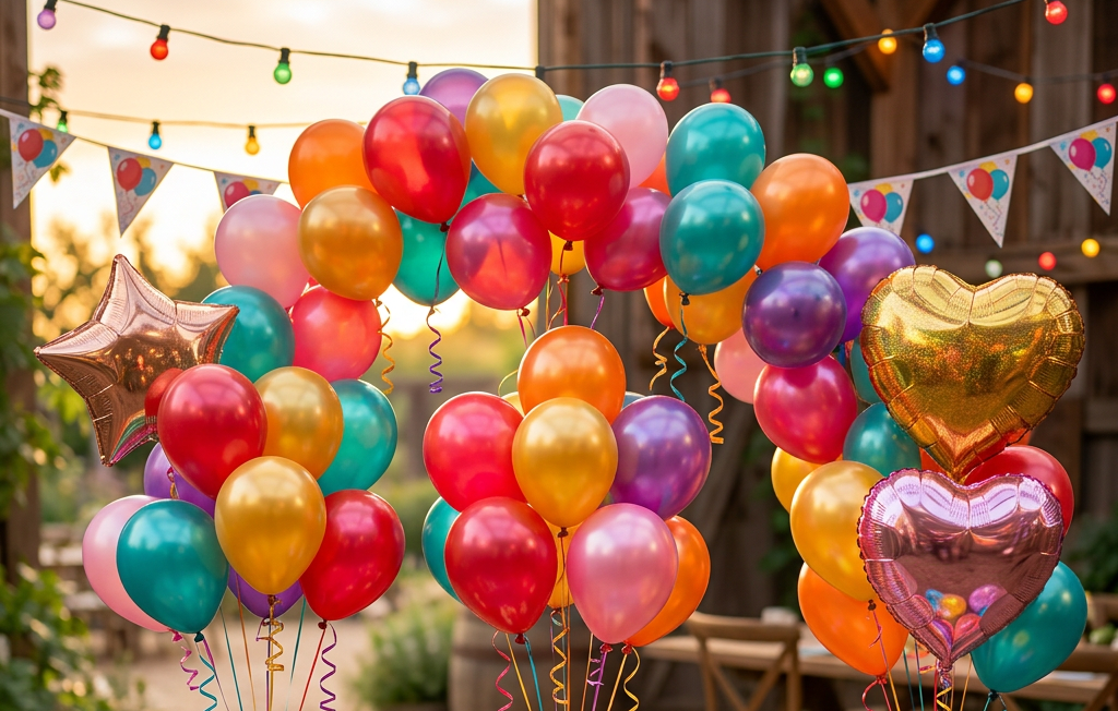 Colorful balloons, party hats, confetti, gift box, and glasses on a wooden table